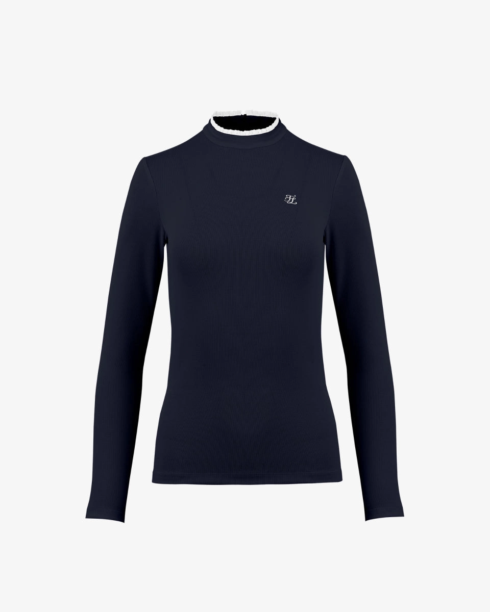 Casual Wear Frill High Neck Long Sleeve T-shirt - Navy