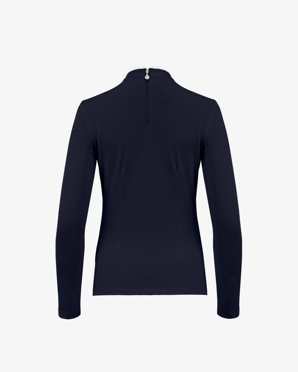 Frill High Neck Long Sleeve T-shirt - Navy EcoFriendlyTexture
