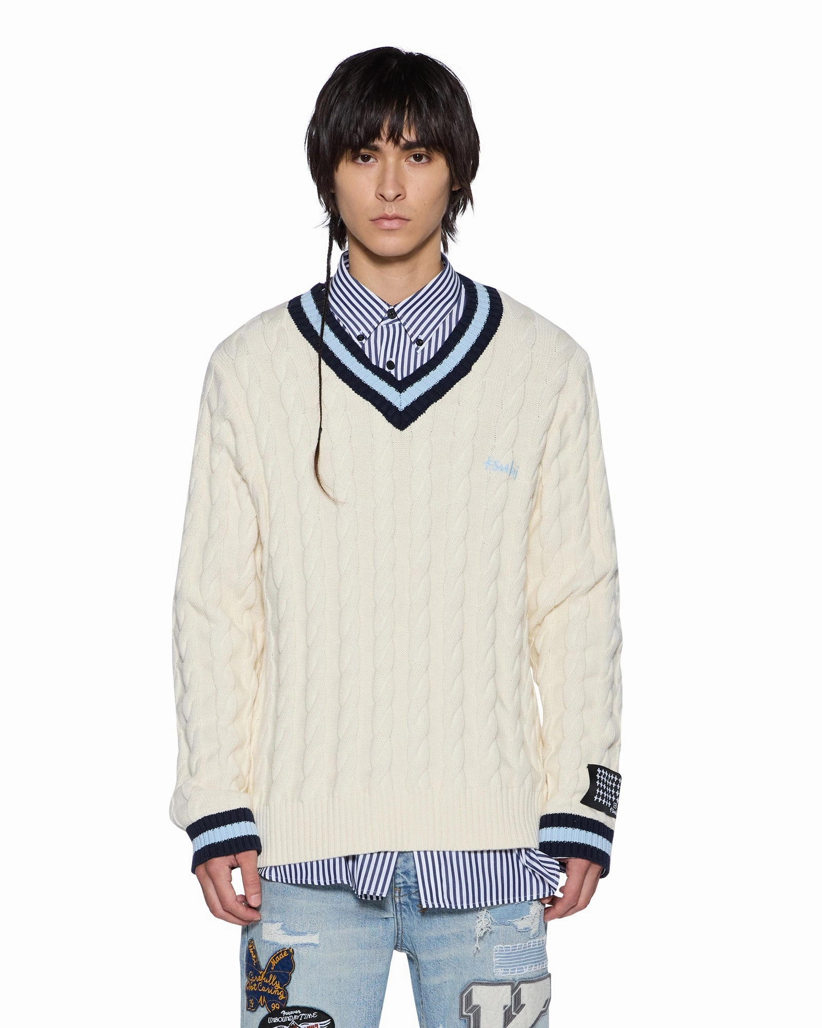 PRINCETON CABLE KNIT V NECK VINTAGE WHITE Ethical production