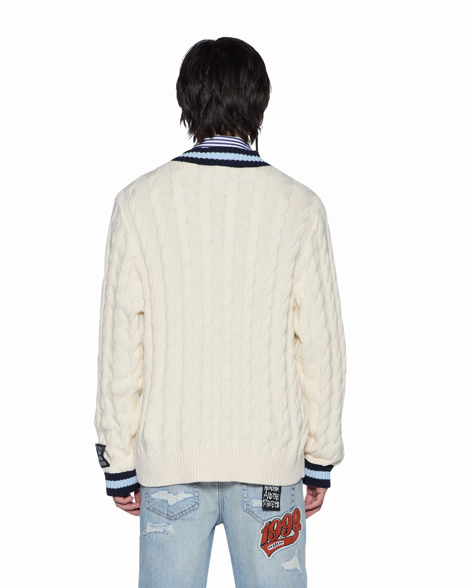 DoubleLayeredShoulders slim fit PRINCETON CABLE KNIT V NECK VINTAGE WHITE