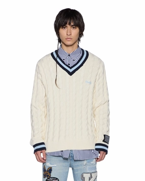 PRINCETON CABLE KNIT V NECK VINTAGE WHITE Ethical production