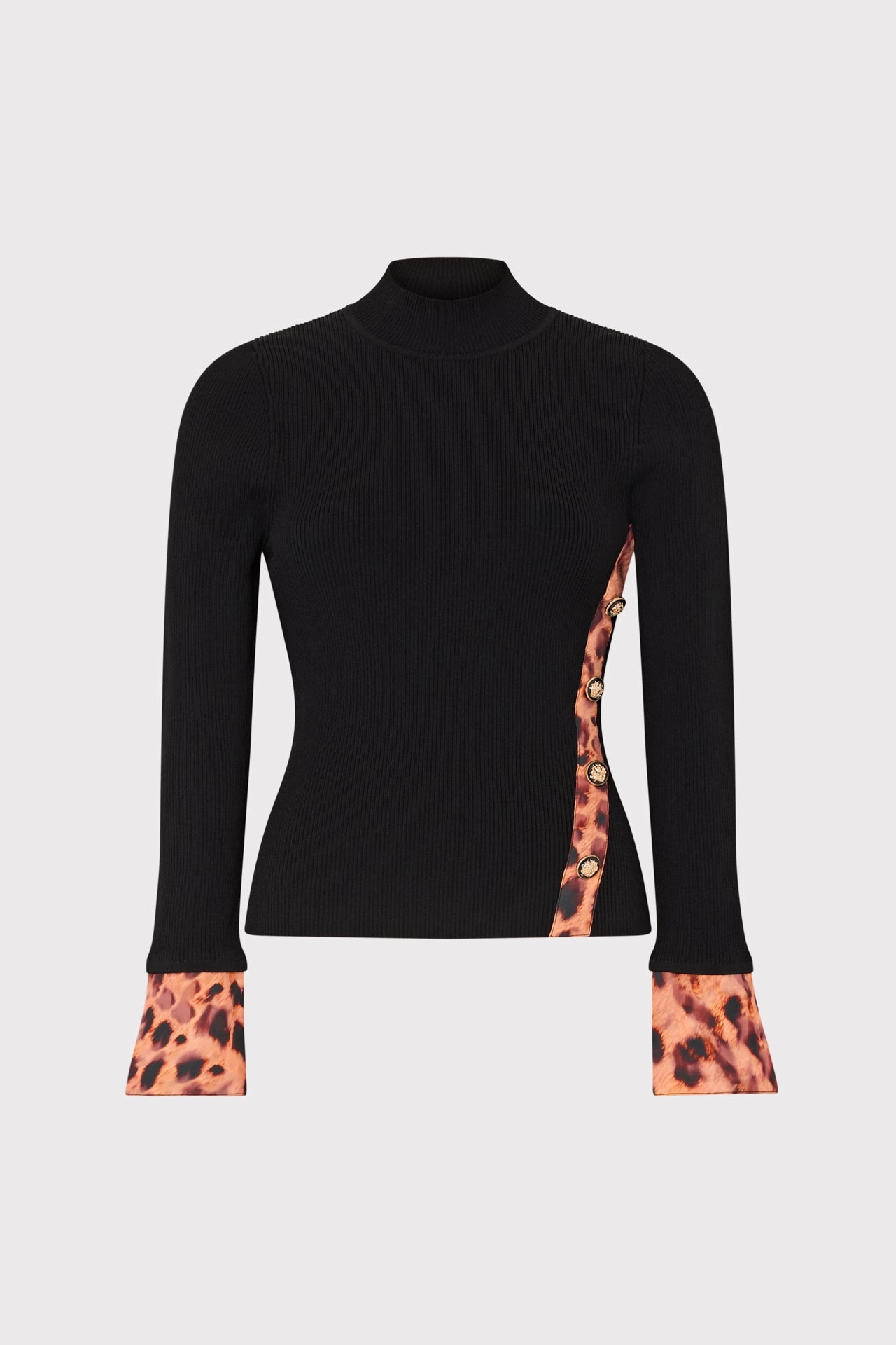 Versatile Piece Anti Pilling Technology Printed Satin Cuff Knit Mock Neck Top