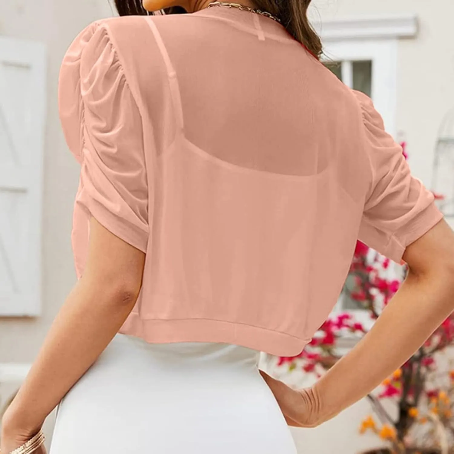Puff Sleeve Shrugs for Women Summer Cropped Sheer Bolero Open Front Short Sleeve Chiffon Cardigans Lightweight Shrug
