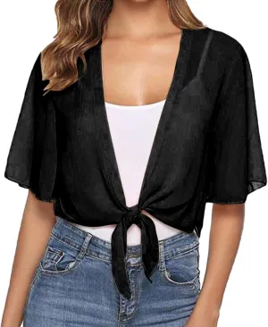 Puff Sleeve Shrugs for Women Summer Cropped Sheer Bolero Open Front Short Sleeve Chiffon Cardigans Lightweight Shrug