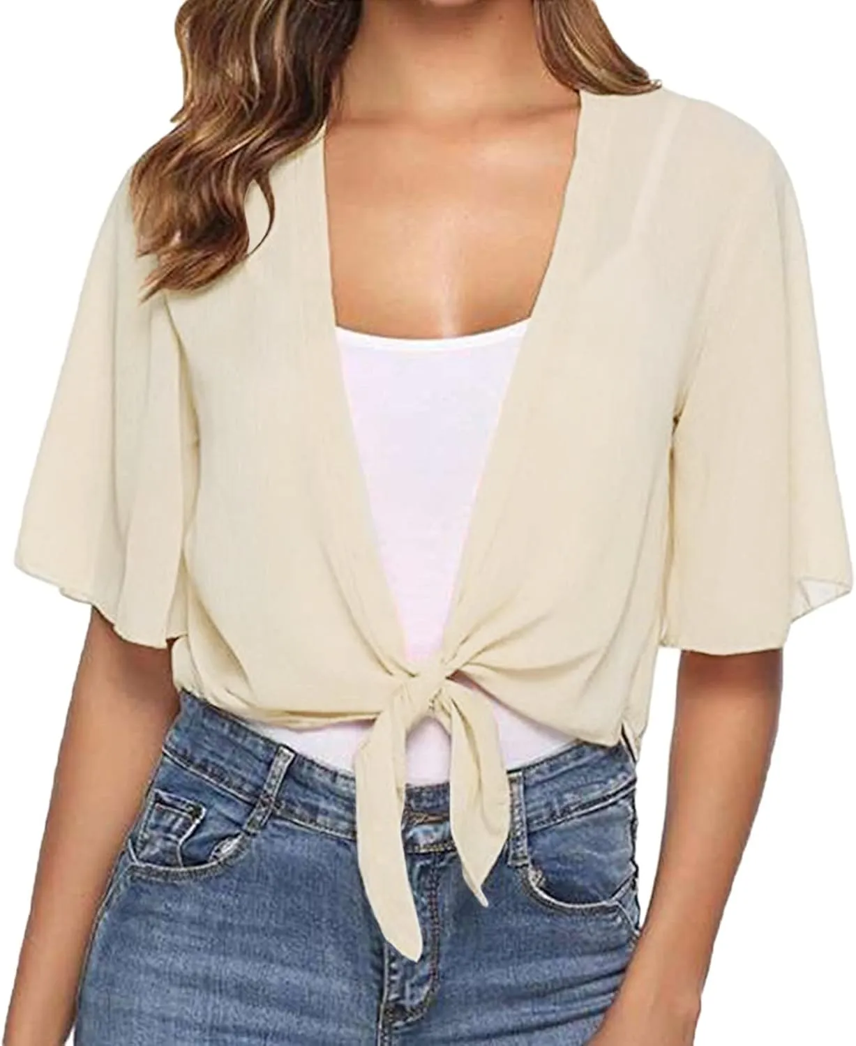 Puff Sleeve Shrugs for Women Summer Cropped Sheer Bolero Open Front Short Sleeve Chiffon Cardigans Lightweight Shrug