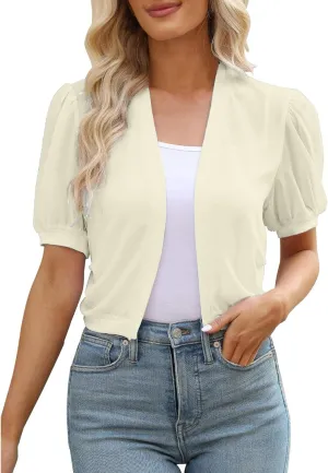Puff Sleeve Shrugs for Women Summer Cropped Sheer Bolero Open Front Short Sleeve Chiffon Cardigans Lightweight Shrug