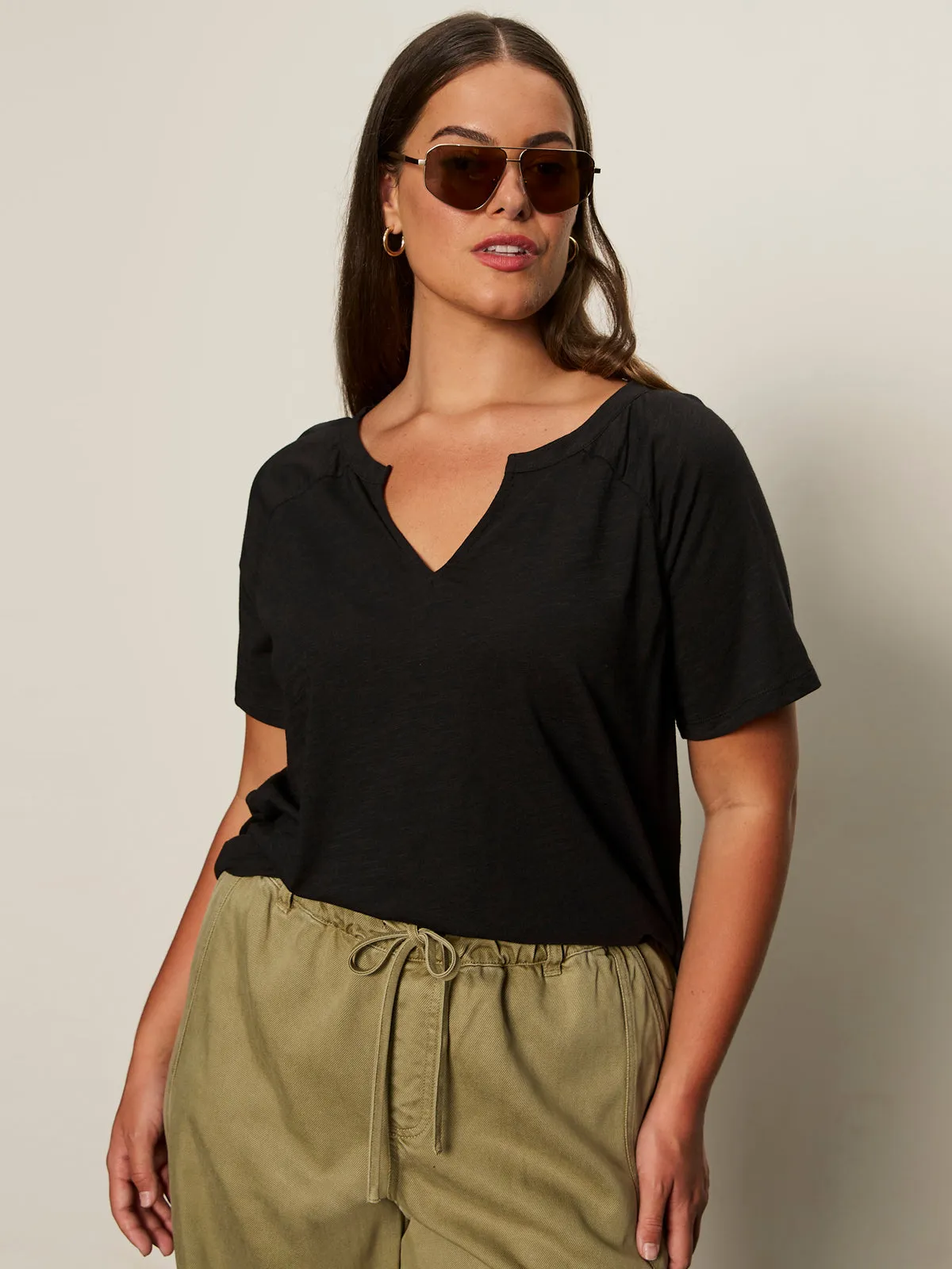 Light and Comfortable Chic And Comfortable Notch Neck Tee Black Extended Sizing