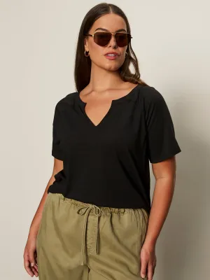 Light and Comfortable Chic And Comfortable Notch Neck Tee Black Extended Sizing