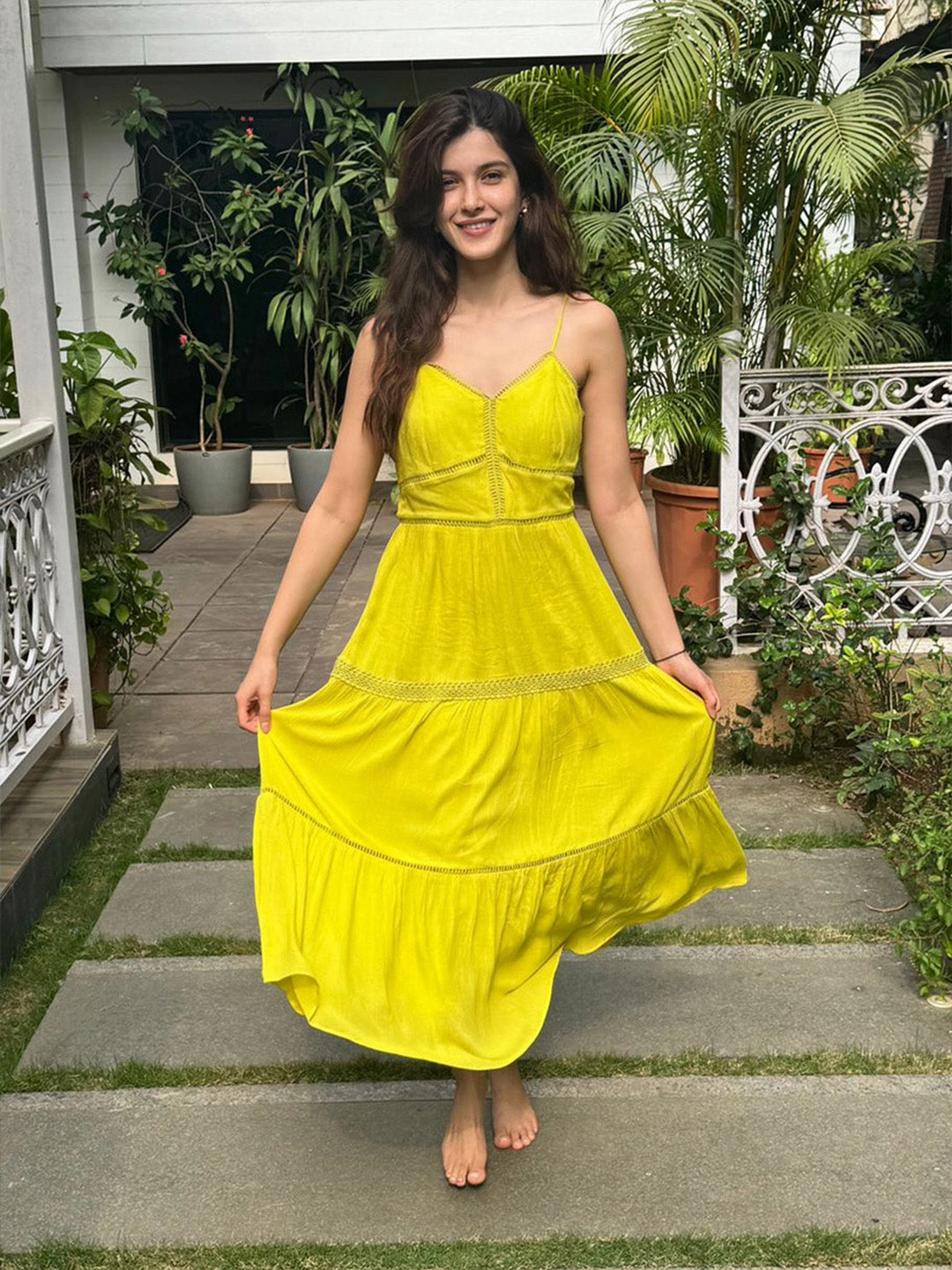 Easy to Wear Madame Shanaya Kapoor Green Cotton Tiered Cami Dress