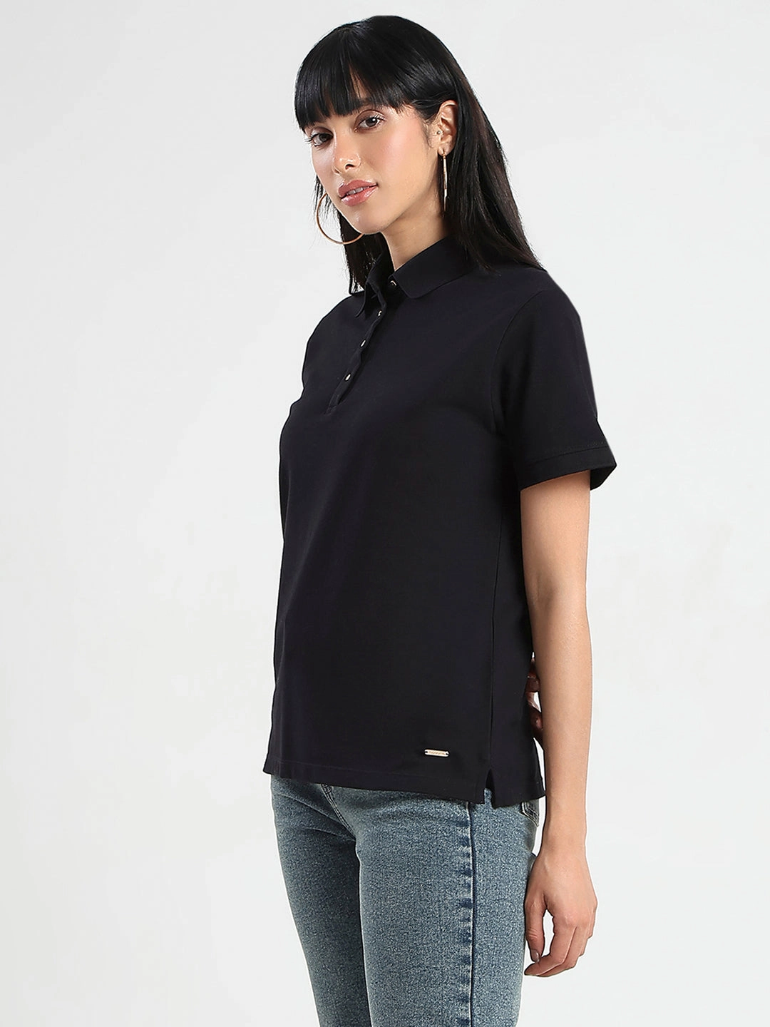 Easter Chilly Layer Madame Collared Solid Black Cotton Blend Polo T-Shirt
