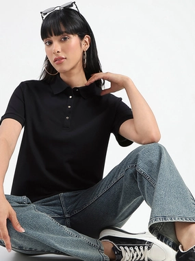 Easy-to-Match Madame Collared Solid Black Cotton Blend Polo T-Shirt