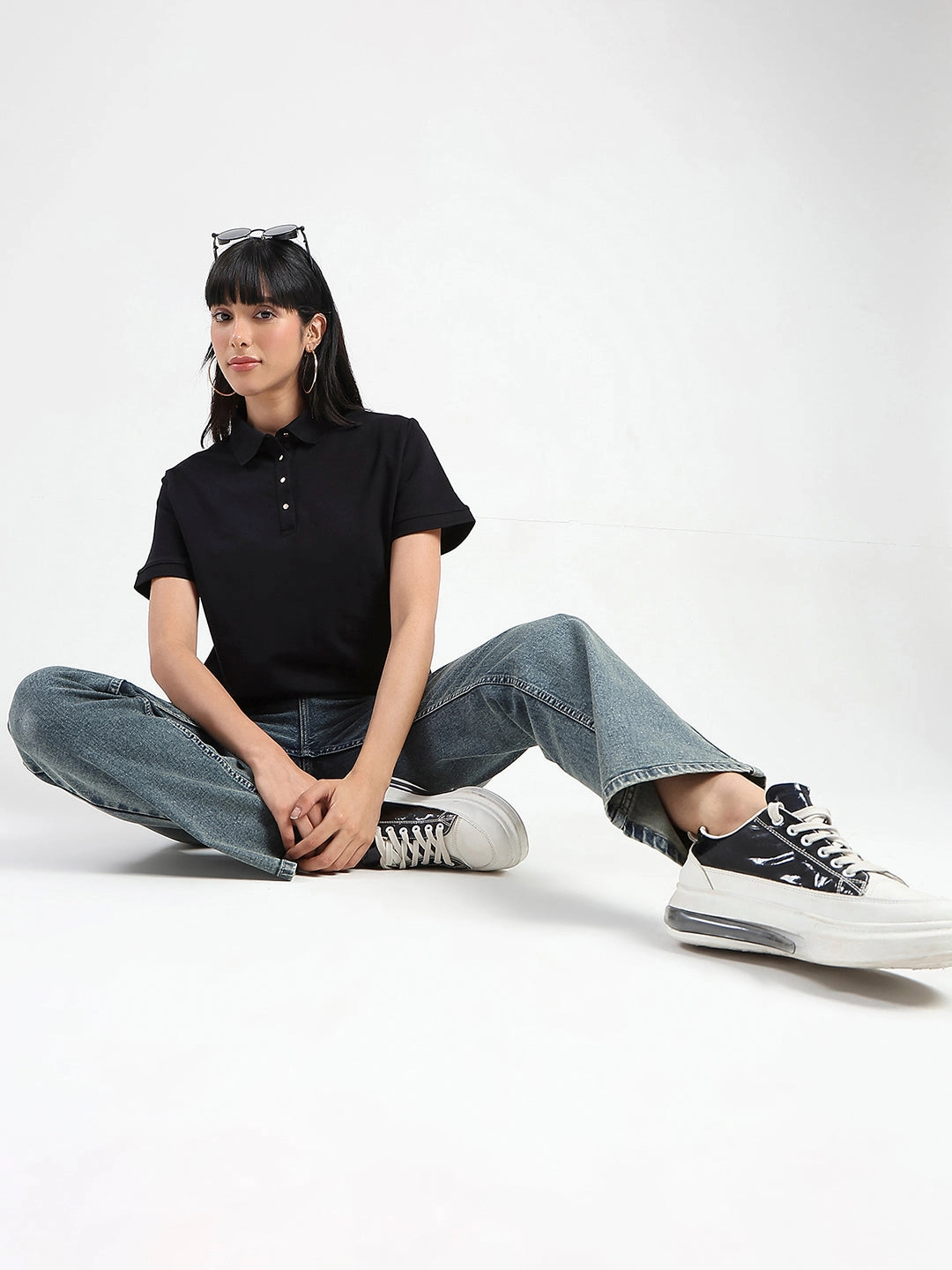 Chic Comfort Madame Collared Solid Black Cotton Blend Polo T-Shirt