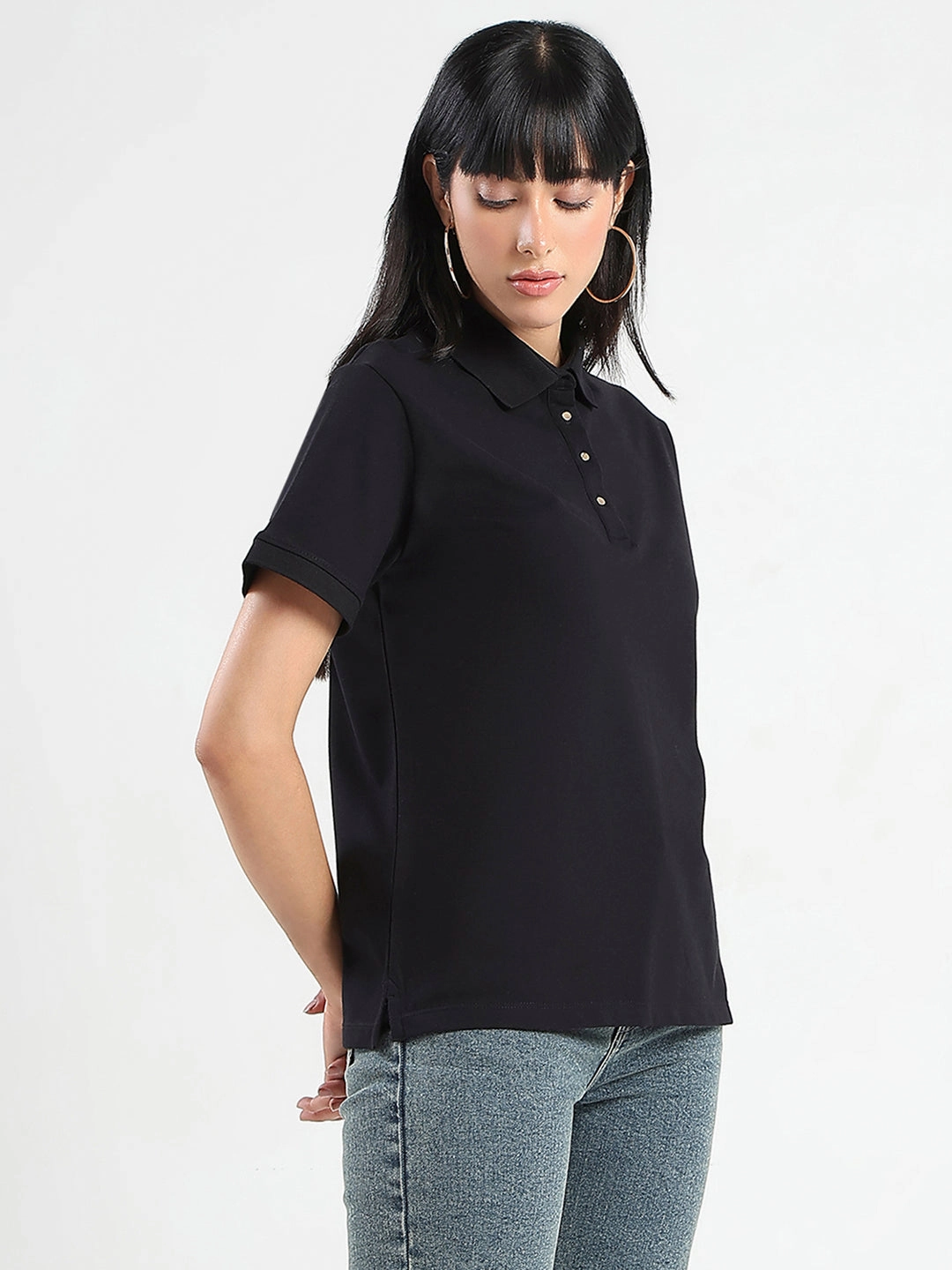 Madame Collared Solid Black Cotton Blend Polo T-Shirt Daily Trend Casual Choice