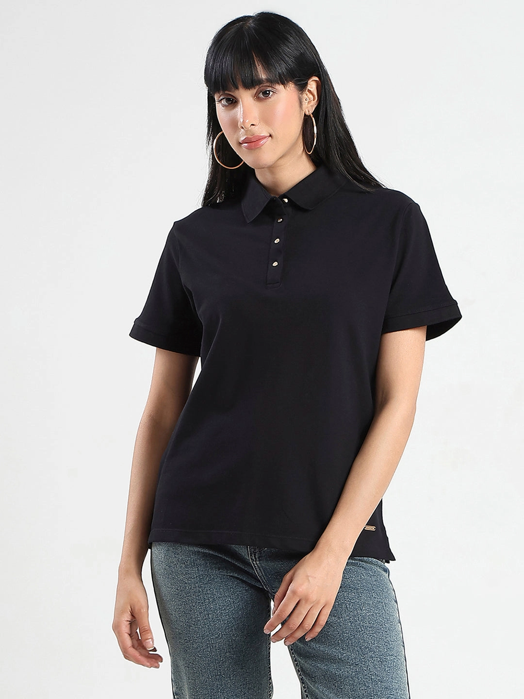 Comfort Fit Design Madame Collared Solid Black Cotton Blend Polo T-Shirt