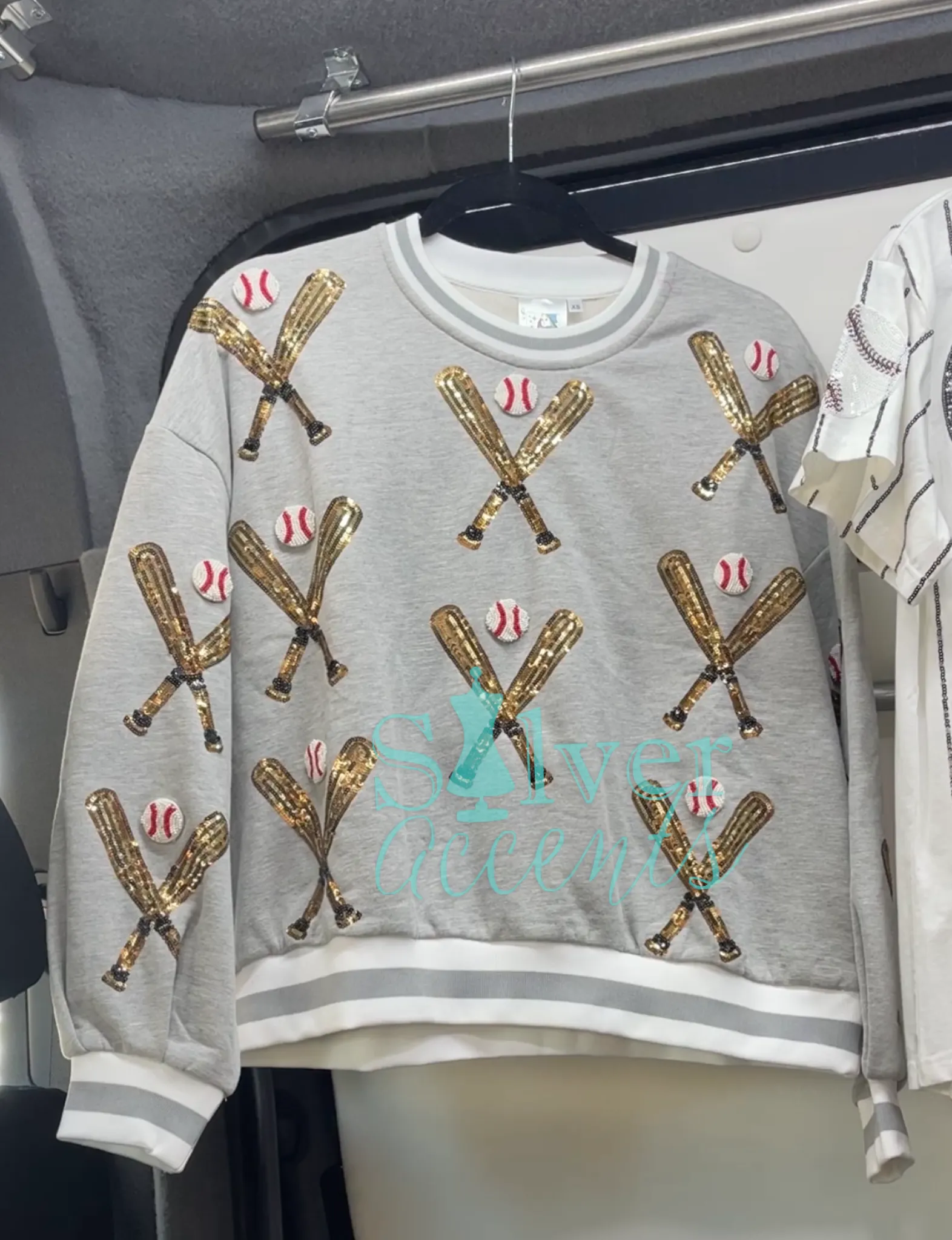 QUEEN OF SPARKLES Sequin SCATTERED BASEBALL BATS Sweatshirt Top