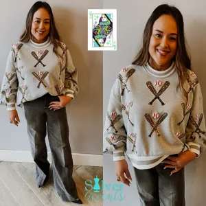 QUEEN OF SPARKLES Sequin SCATTERED BASEBALL BATS Sweatshirt Top