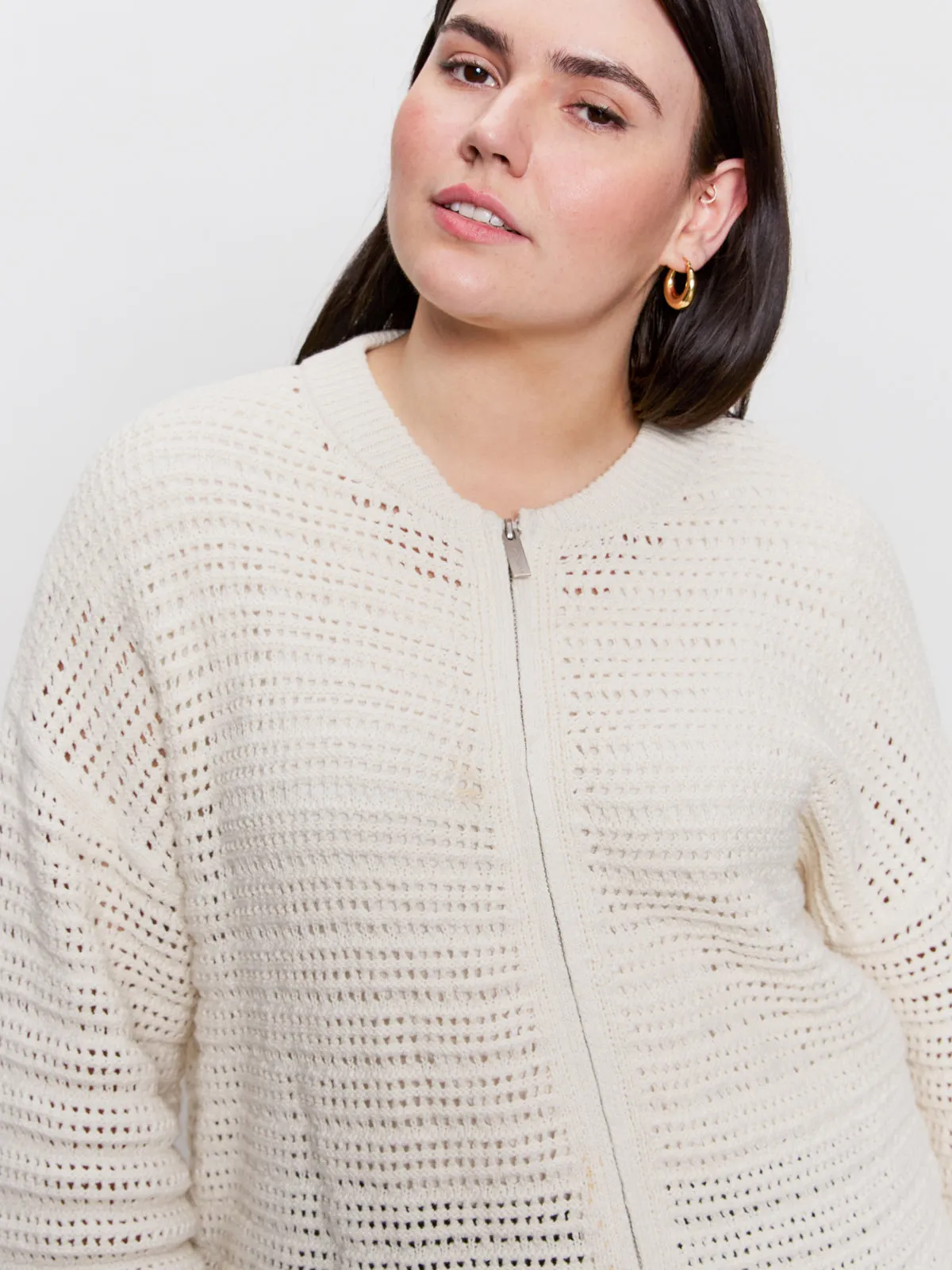 Open Knit Bomber Jacket Chalk Extended Sizing Reflective Logo Detail