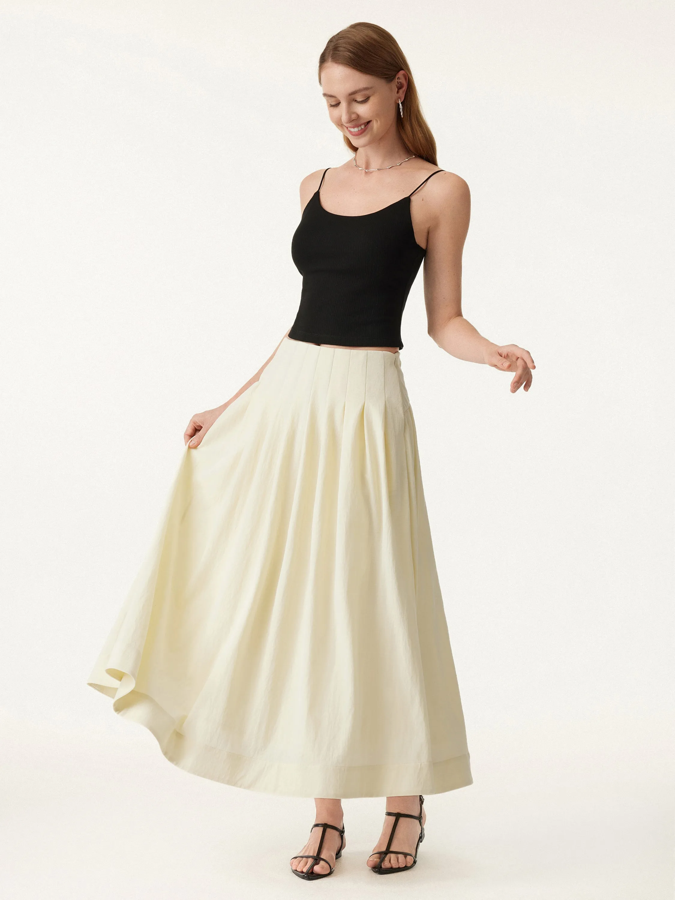 Wrinkle-resistant Cotton-linen Mid Rise Pleated Midi Skirt Durable Stitching Smart Comfort