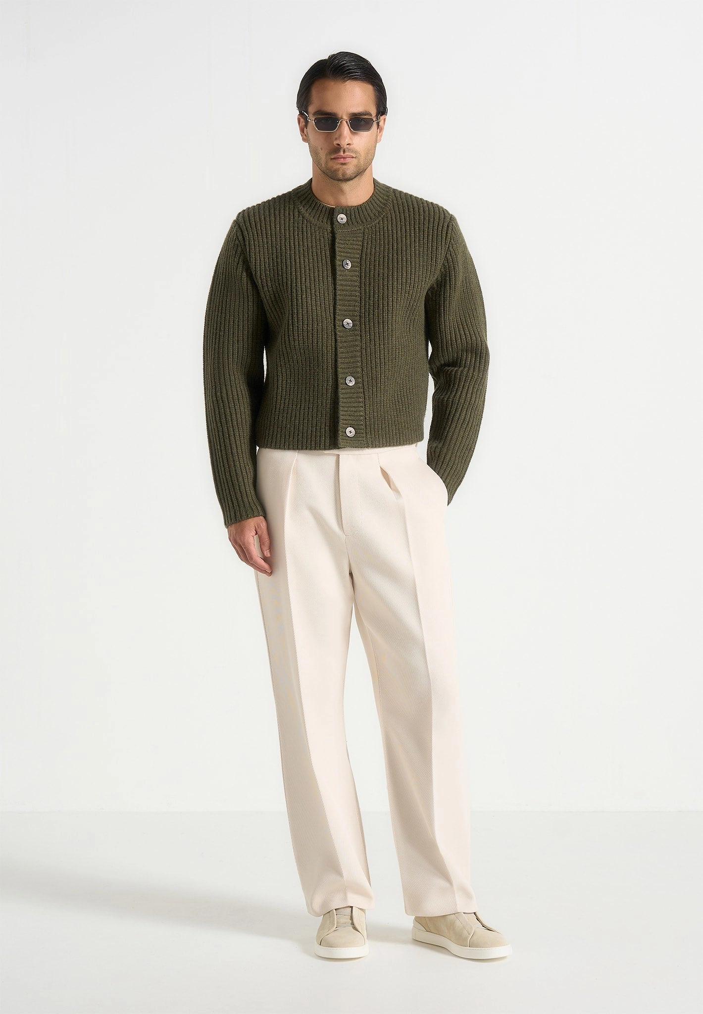 Alix - Unisex Crewneck Ribbed Knit Cardigan - Olive Urban Trend