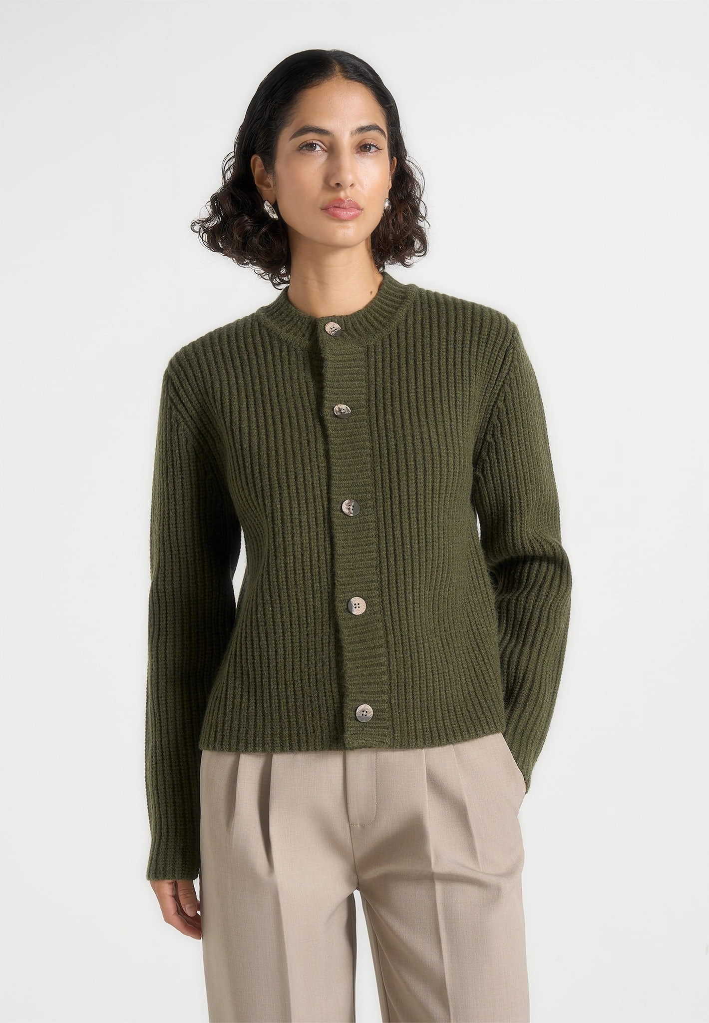 Alix - Unisex Crewneck Ribbed Knit Cardigan - Olive FrictionResistant Sleeves PreShrunk Fabric