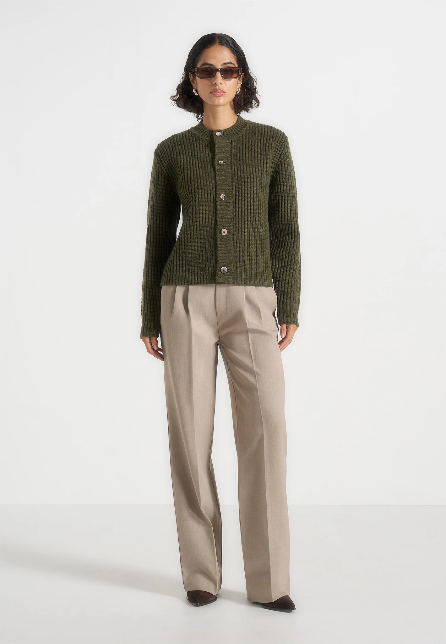 DoubleLayered Hem Durable Blends Alix - Unisex Crewneck Ribbed Knit Cardigan - Olive