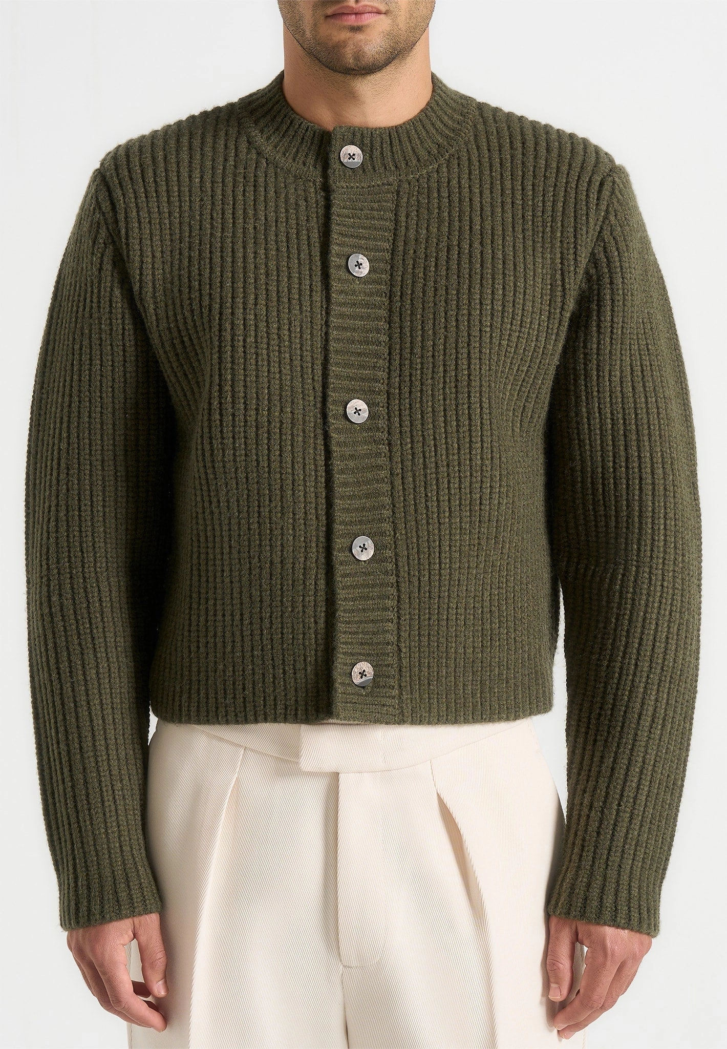 Easy Care Fabric Weekend Classic Alix - Unisex Crewneck Ribbed Knit Cardigan - Olive