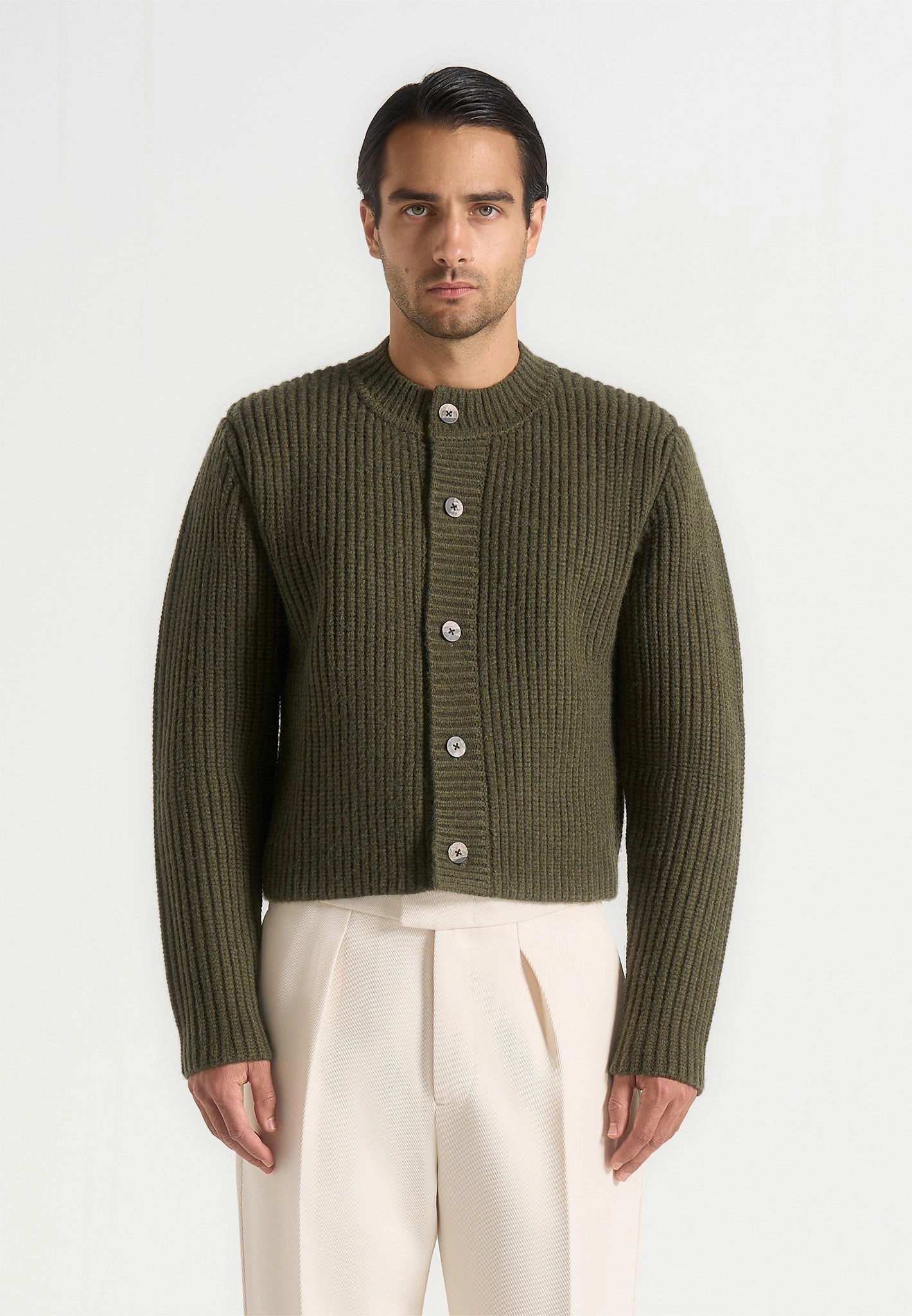 Daily Layer Alix - Unisex Crewneck Ribbed Knit Cardigan - Olive