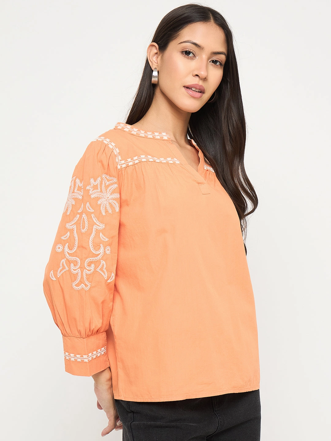 RibbedNeckline Madame Embroidered Split Crew Warm Amber Cotton Top