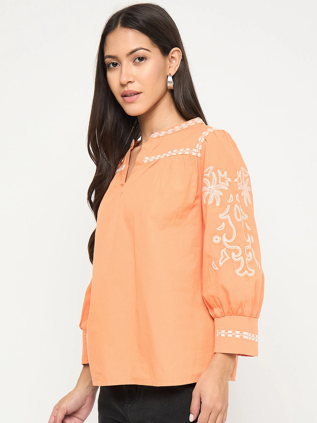 Madame Embroidered Split Crew Warm Amber Cotton Top Versatile Shirt TactileWeave
