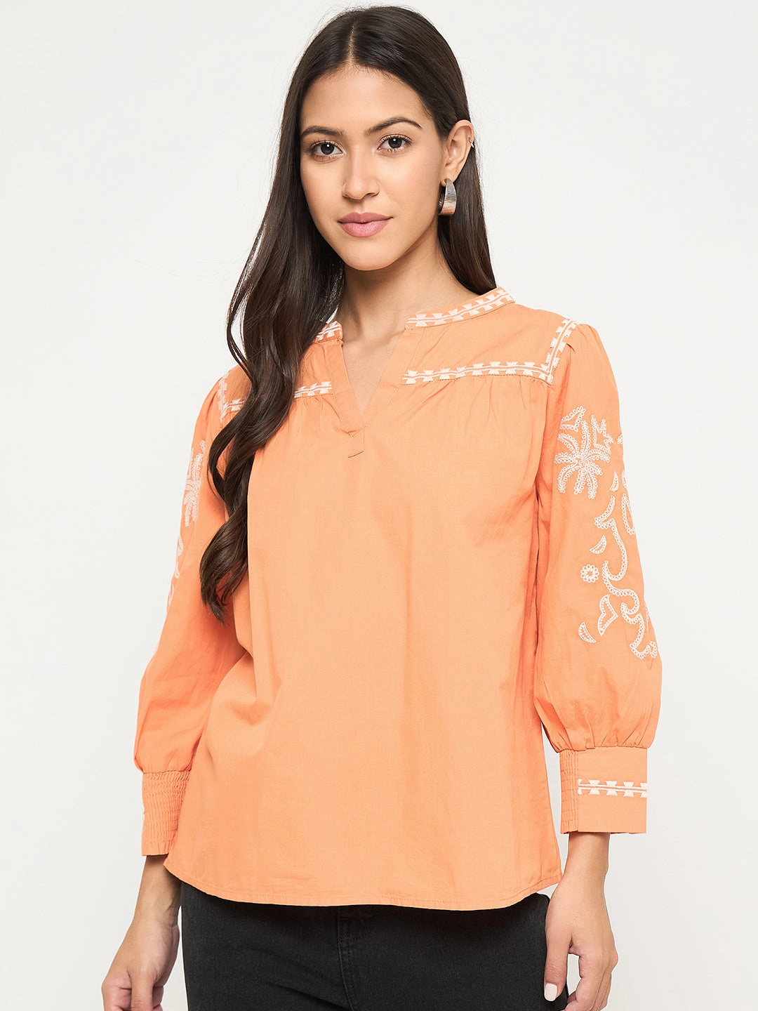 Madame Embroidered Split Crew Warm Amber Cotton Top Anti Pilling Ribbed Collar Design