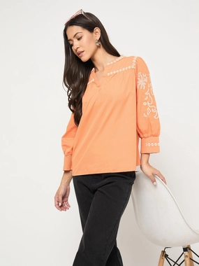 Quick Release Buttons Madame Embroidered Split Crew Warm Amber Cotton Top
