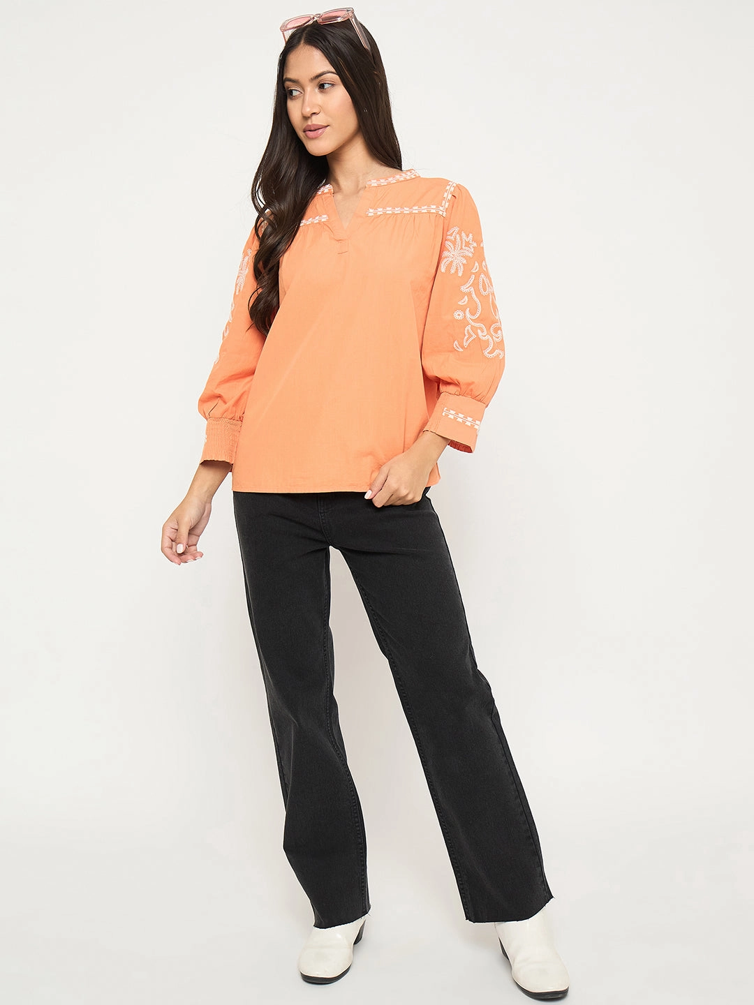 Madame Embroidered Split Crew Warm Amber Cotton Top Quick Dry Material