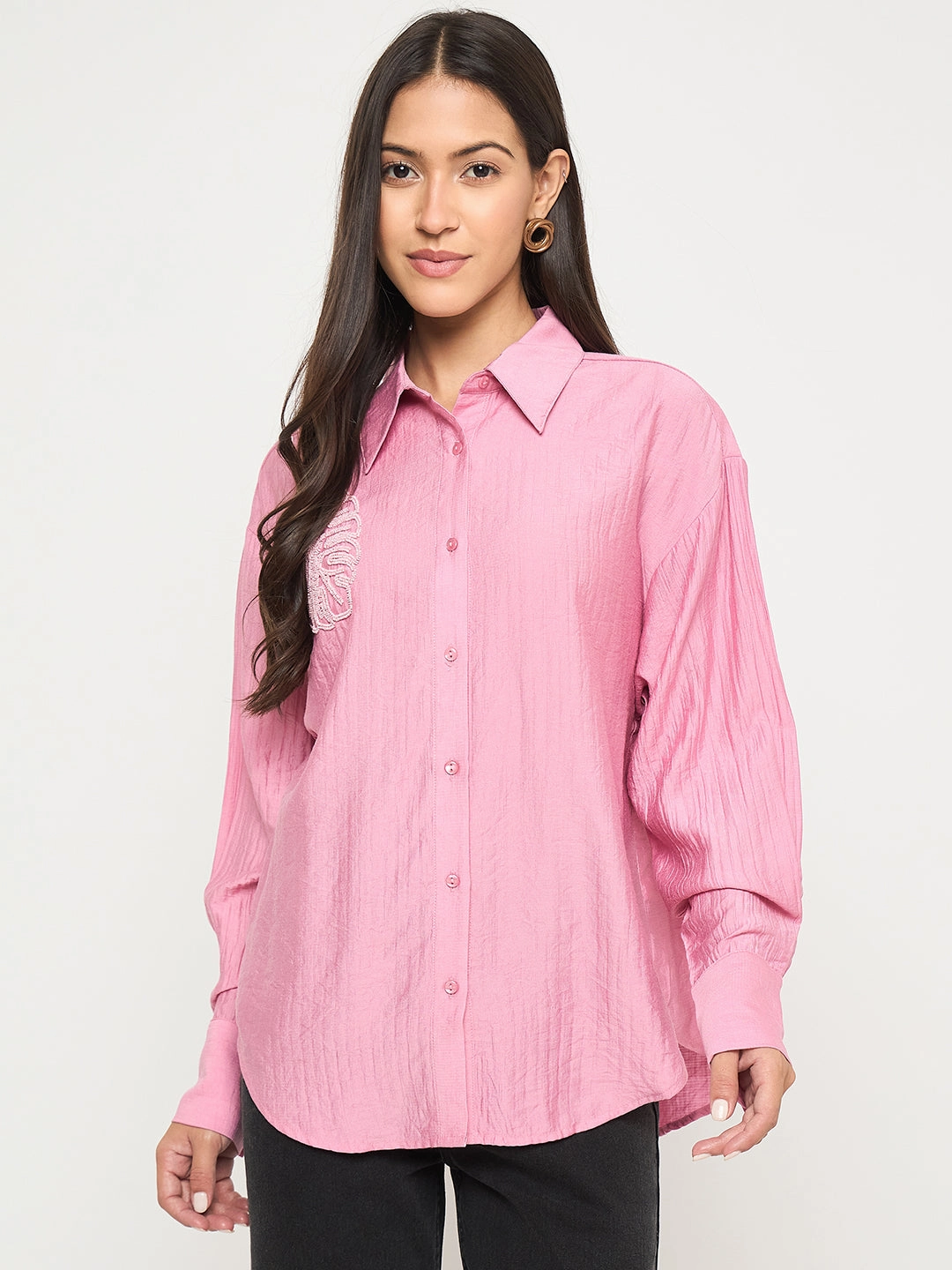Breathable Style Bold colors Madame Textured Botanical Embellishment Dusty Pink Shirt