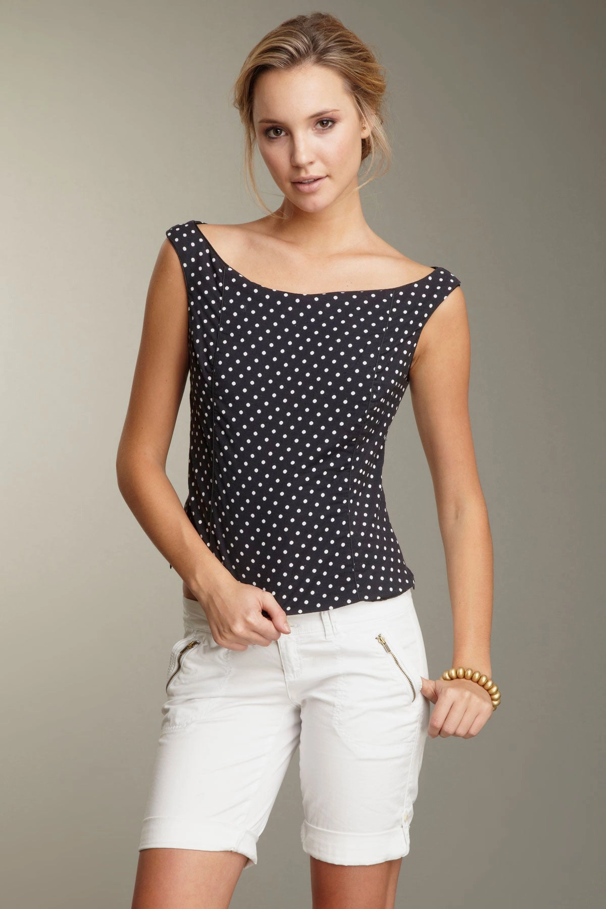 Ribbed Trim Details Multi Panel Cut Hepburn's Polka Dot Top - Black / White Dot