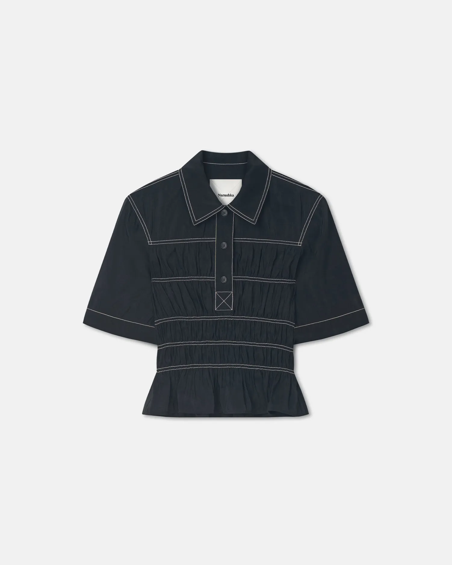 Nairi - Smocked Glass Poplin Shirt - Black Flexible Waistline Easy Stretch