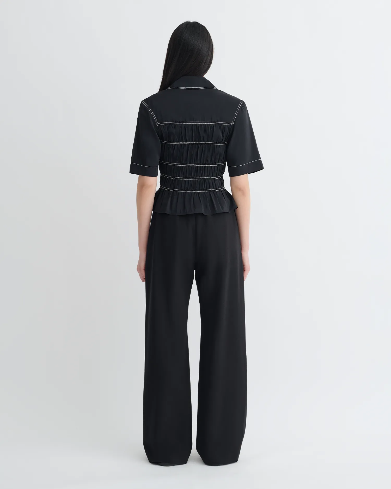 Nairi - Smocked Glass Poplin Shirt - Black Lounge Wear