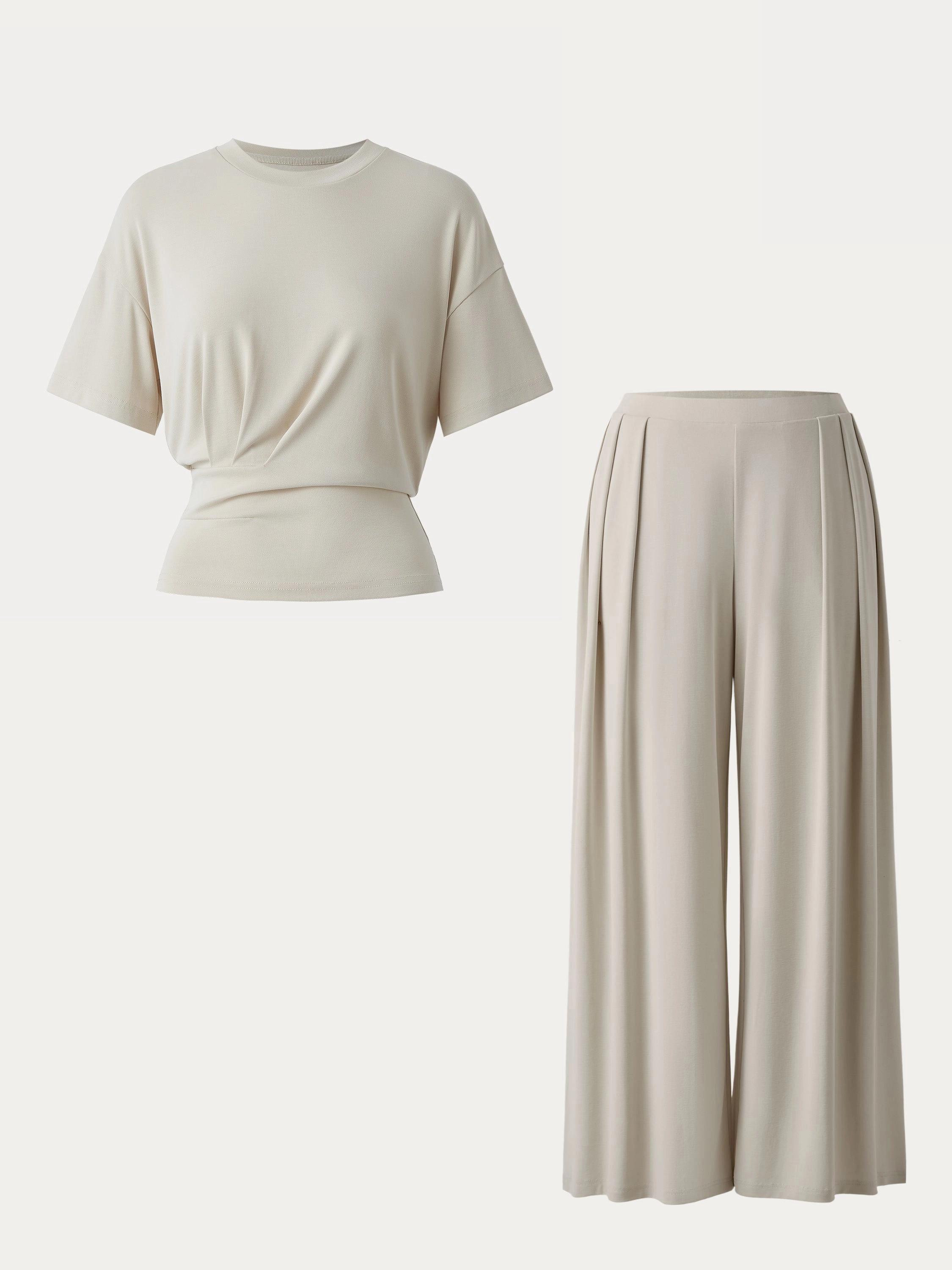 2Pcs Set Sandwashed Crewneck Tee & Mid Rise Pleated Wide Leg Pants with Pockets anti slip grip