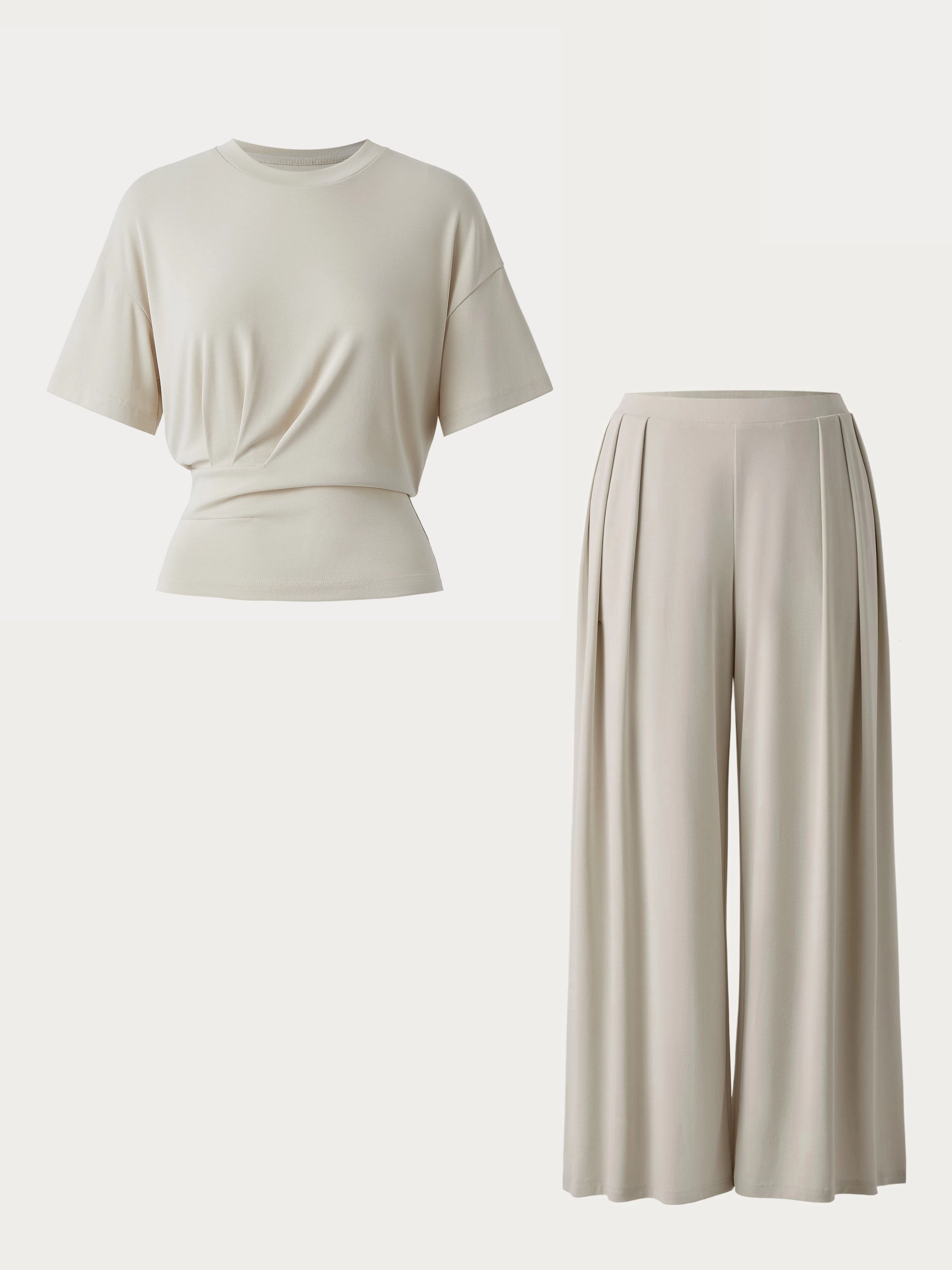 DurableReinforcedMaterial 2Pcs Set Sandwashed Crewneck Tee & Mid Rise Pleated Wide Leg Pants with Pockets