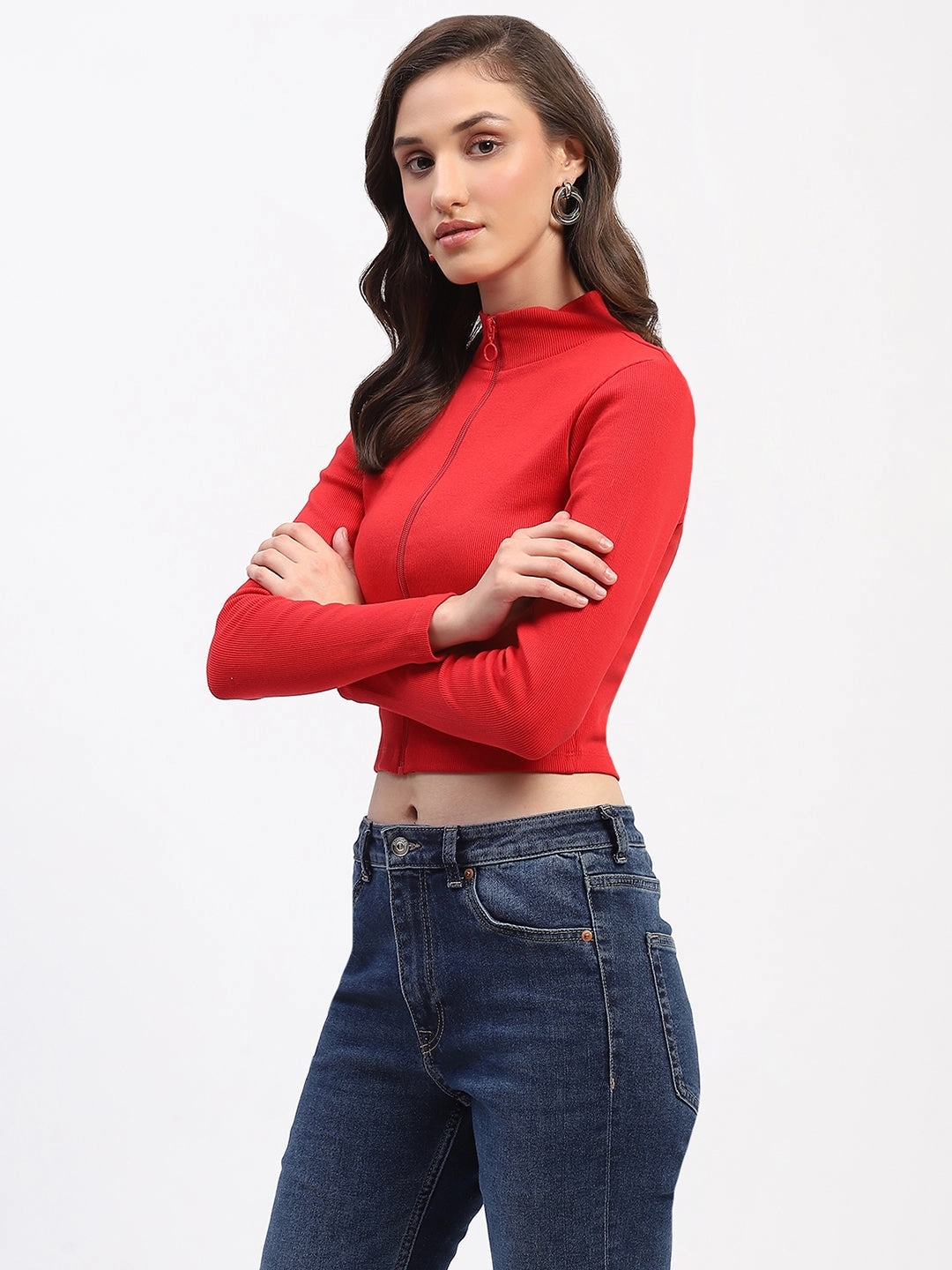 Madame Ribbed Mock Neck Zipped Red Crop Top MultiPocket Trendy Cardigan