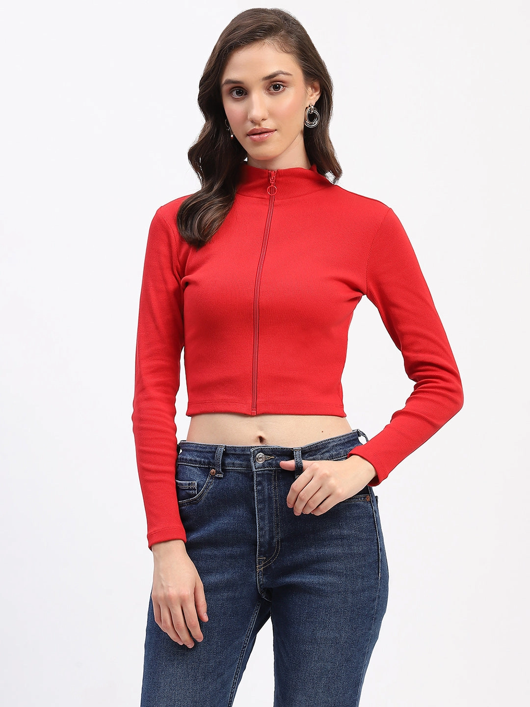 Durable Reinforced Shoulders Reverseble Design Madame Ribbed Mock Neck Zipped Red Crop Top