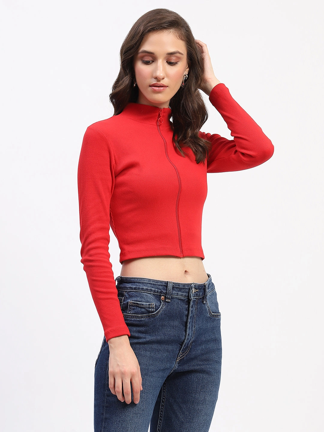 Flatlock Seam Design ThermalRegulation Madame Ribbed Mock Neck Zipped Red Crop Top
