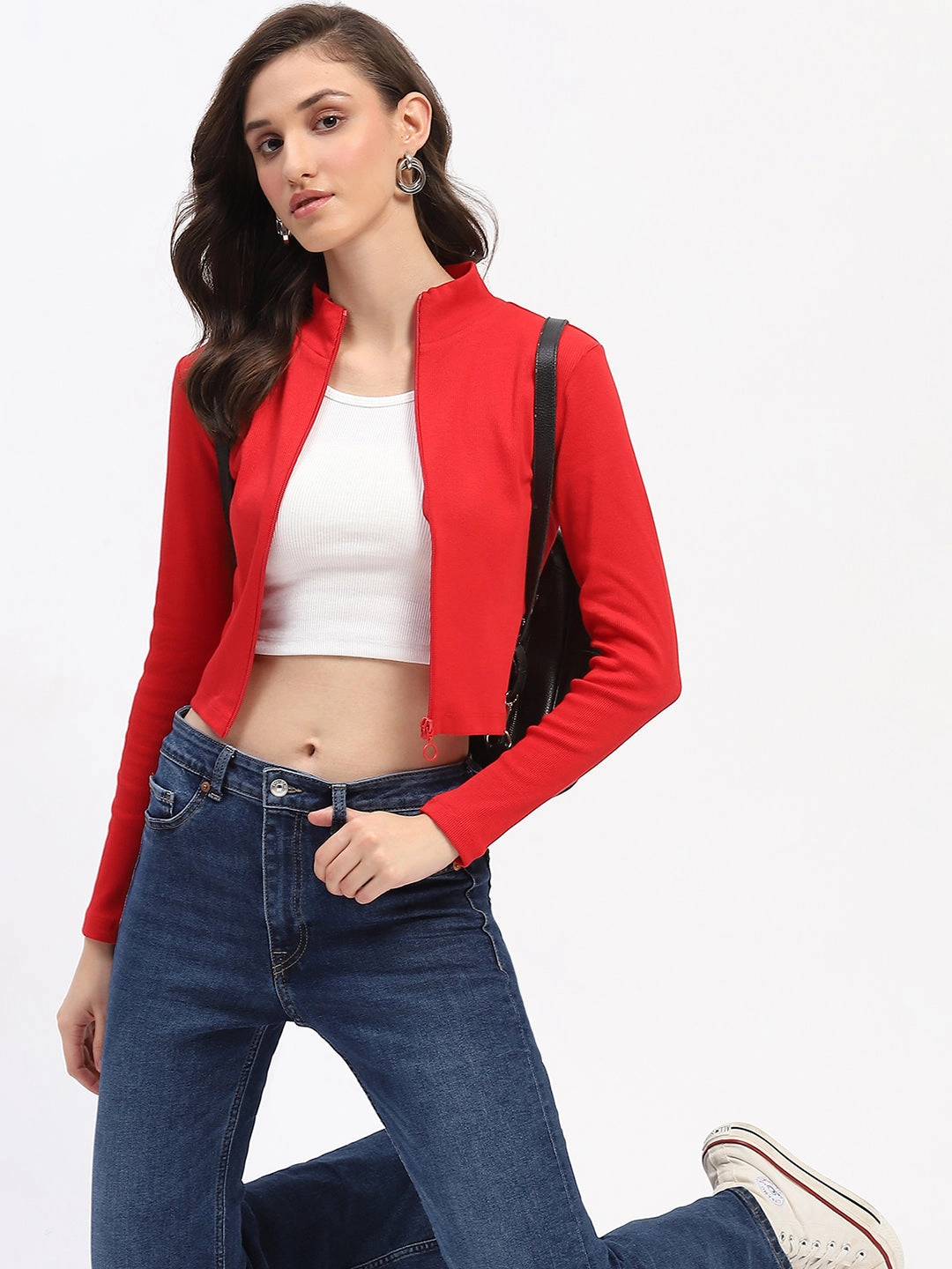 Madame Ribbed Mock Neck Zipped Red Crop Top Double Stitched Seams Sustainable Fabric Blend