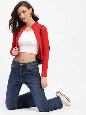 AllPurposeWear Madame Ribbed Mock Neck Zipped Red Crop Top