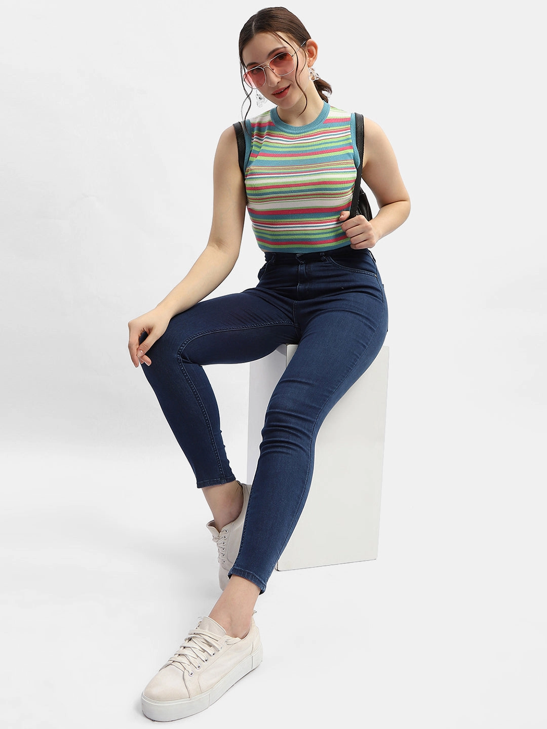 FeatherlightConstruction Casual Button-Down Madame Striped Airforce Blue Tank Top