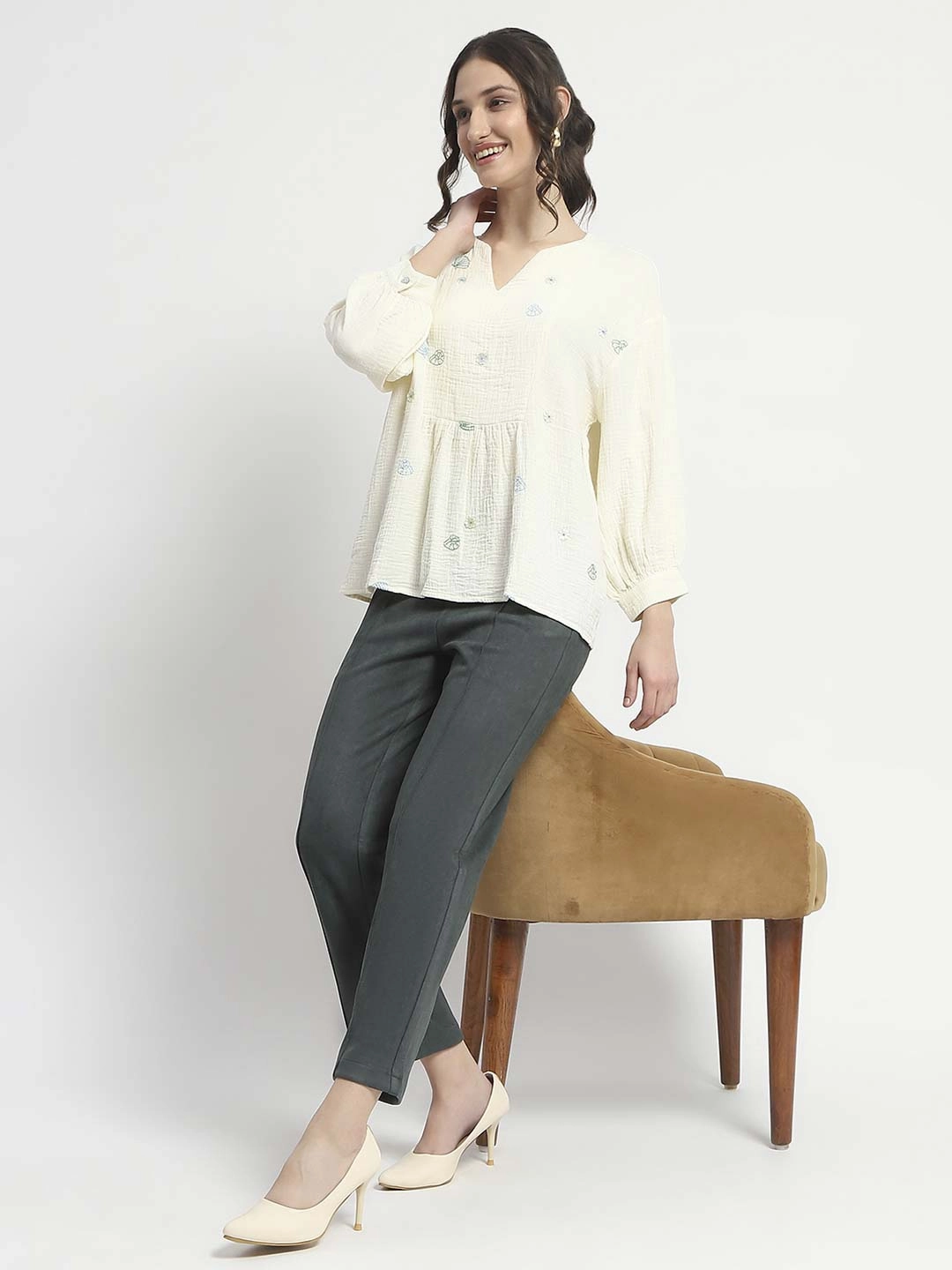 Madame Embroidered Boho Cotton Beige Top Durable Overlock Stitch SeamlessConstruction