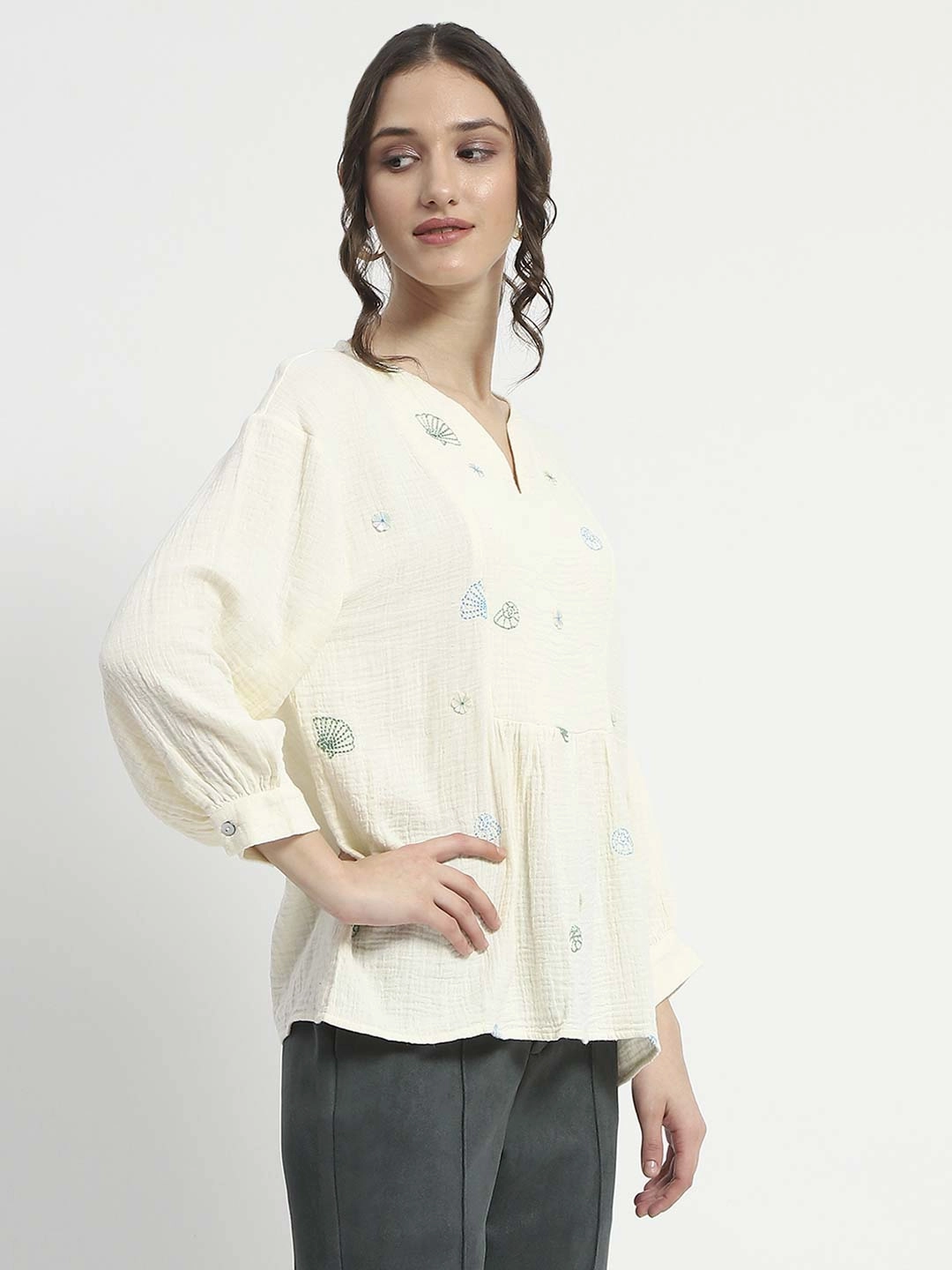 Durable Blend Madame Embroidered Boho Cotton Beige Top