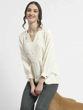 Madame Embroidered Boho Cotton Beige Top High Collar Protection Design HighNeckline