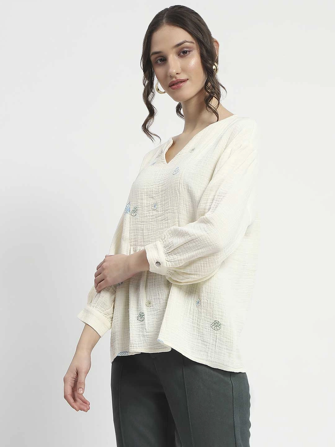 Madame Embroidered Boho Cotton Beige Top ErgonomicSleeves