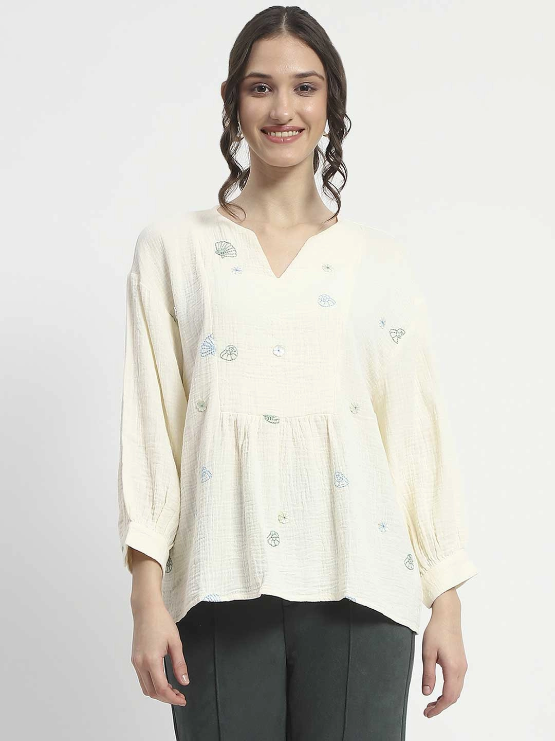 Snag Proof Weave Madame Embroidered Boho Cotton Beige Top