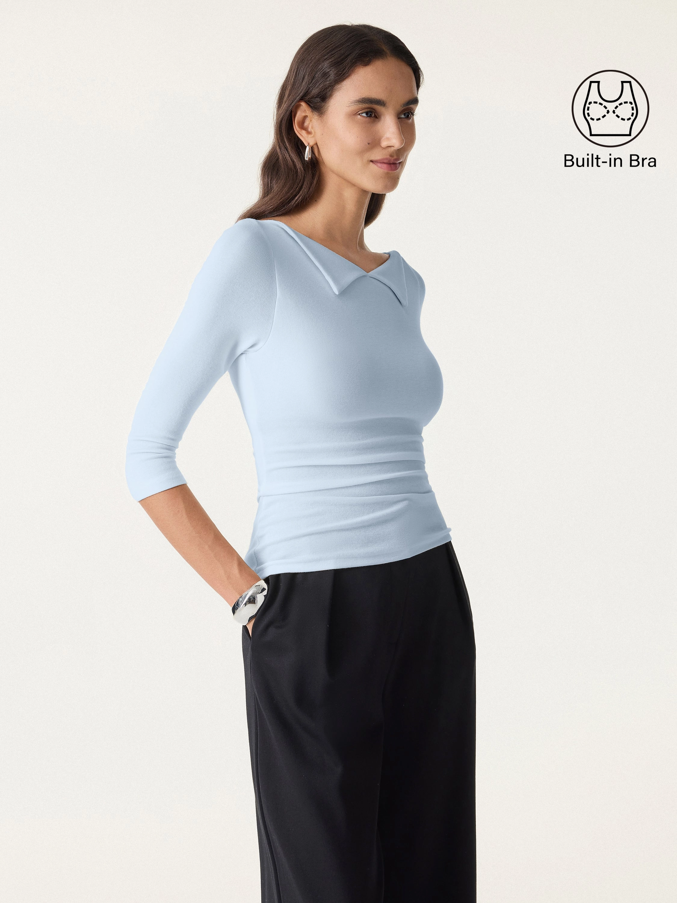 Non Chafing Edges Non Slip Shoulder Seams Light Warm Flapped Boatneck 3/4 Sleeve Brami